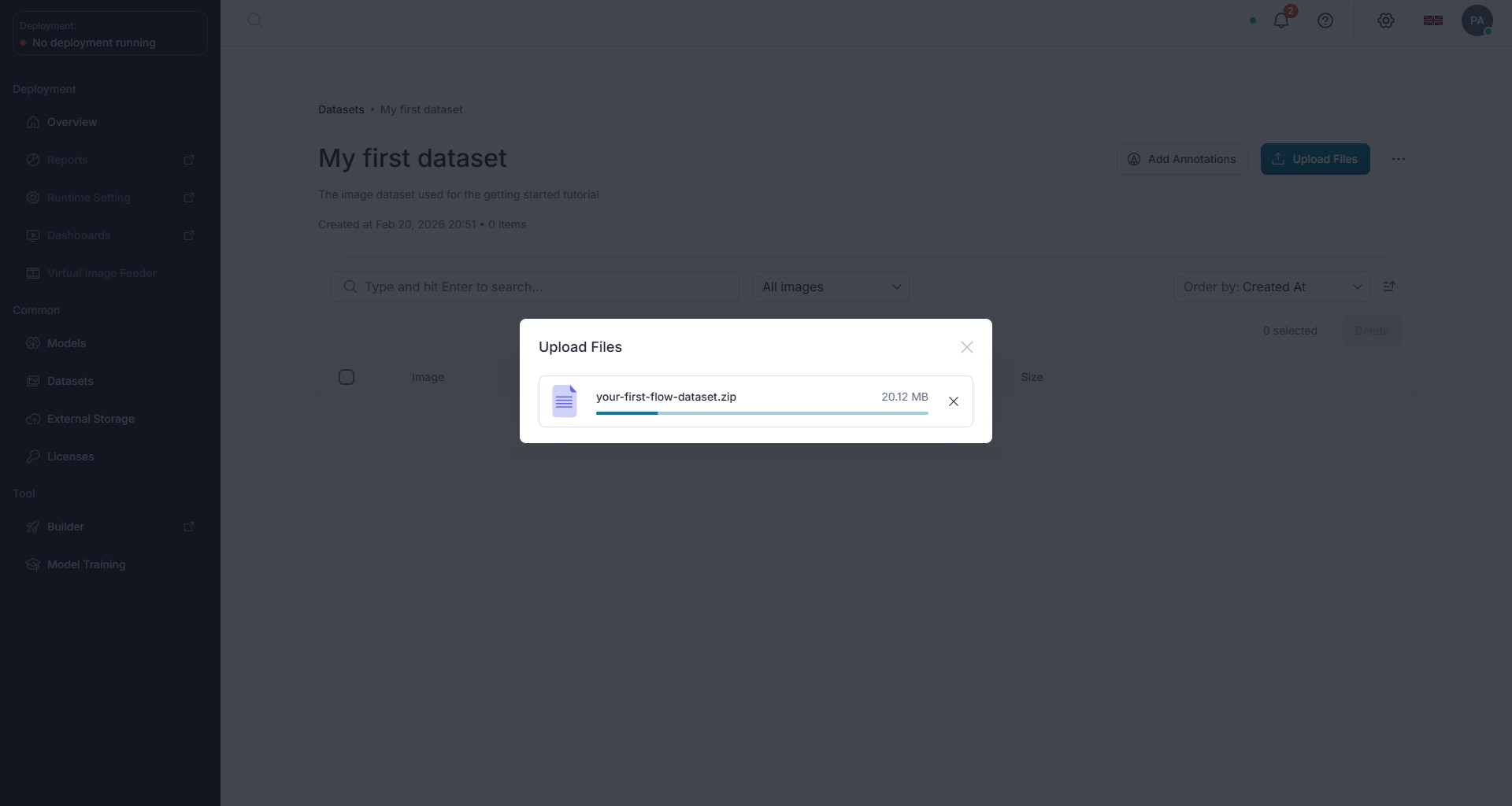 A dataset being uploaded