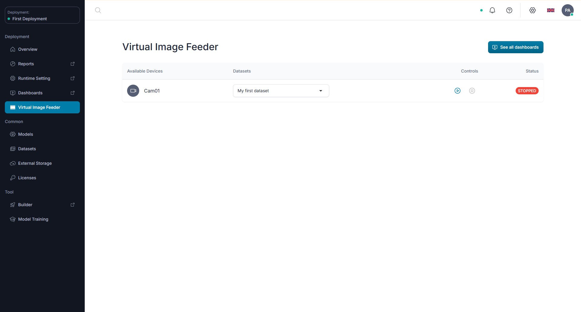 Associate a virtual camera with a dataset