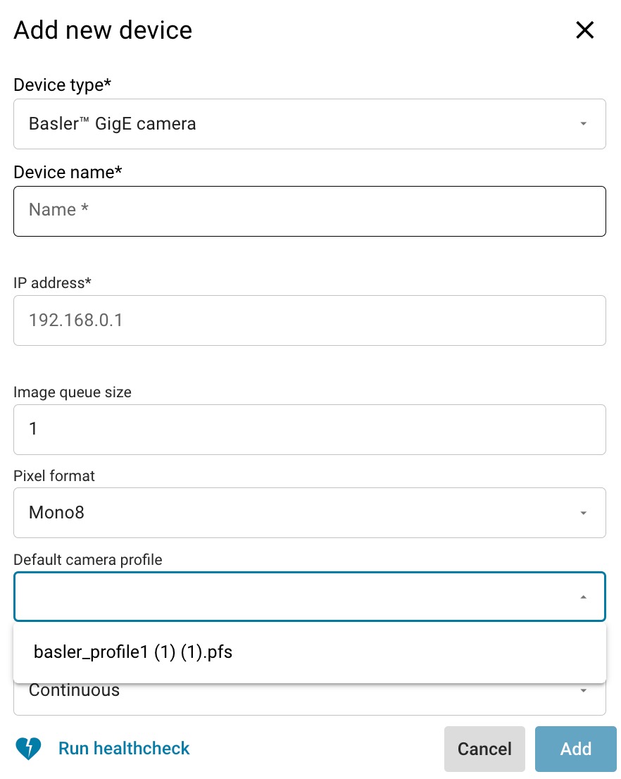 Basler GigE device configuration with default profile and preview