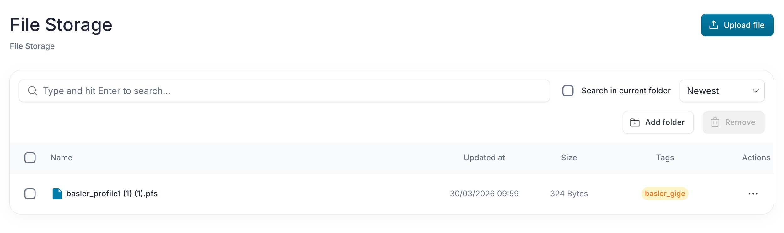 File Storage in the Hub, listing uploaded files including Basler profiles