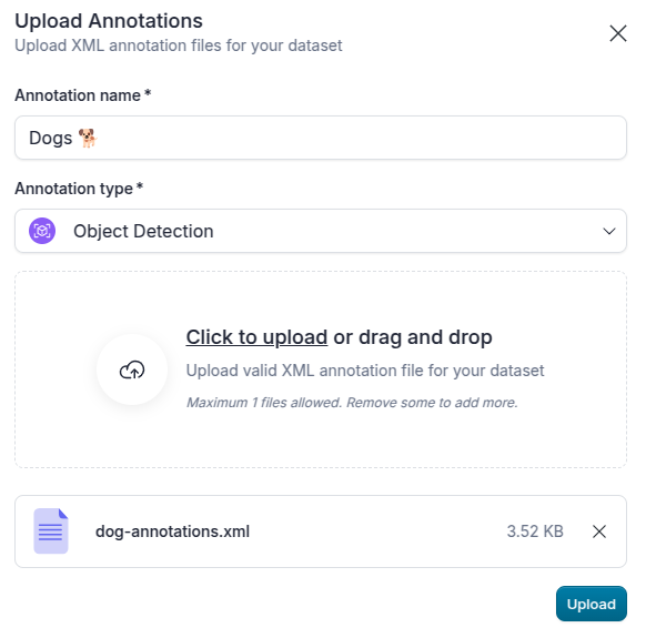 Upload dialog filled