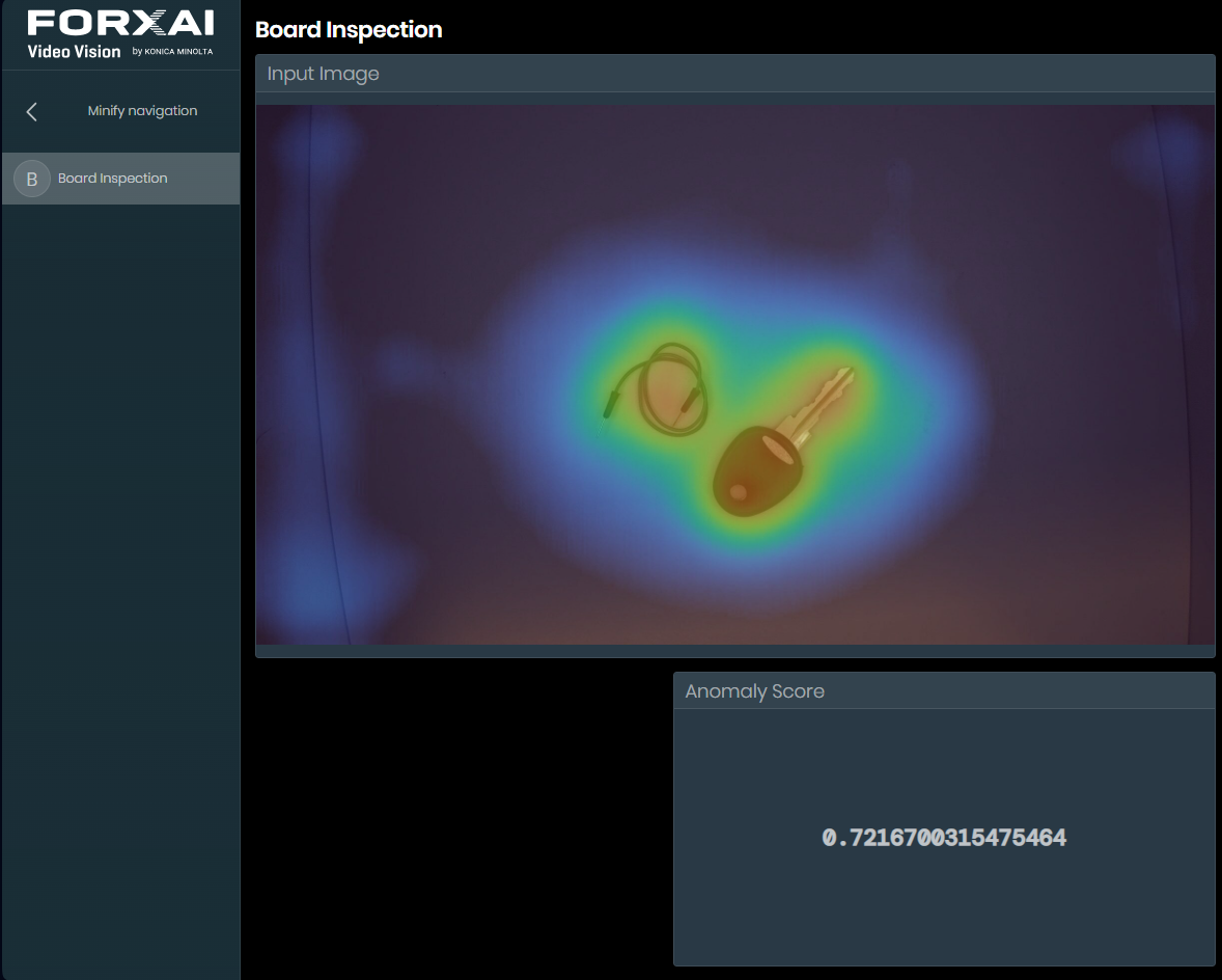 Example of a foreign object on a board, with a heatmap localizing the anomaly and a high score indicating an NOK situation.