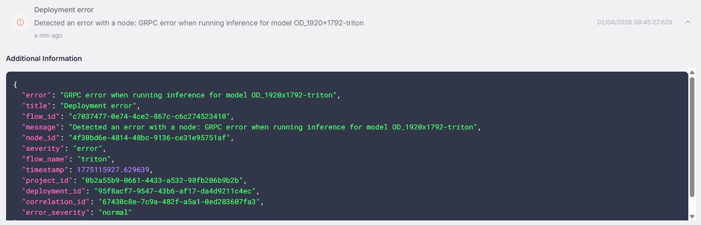 GRPC error notification in the notification panel